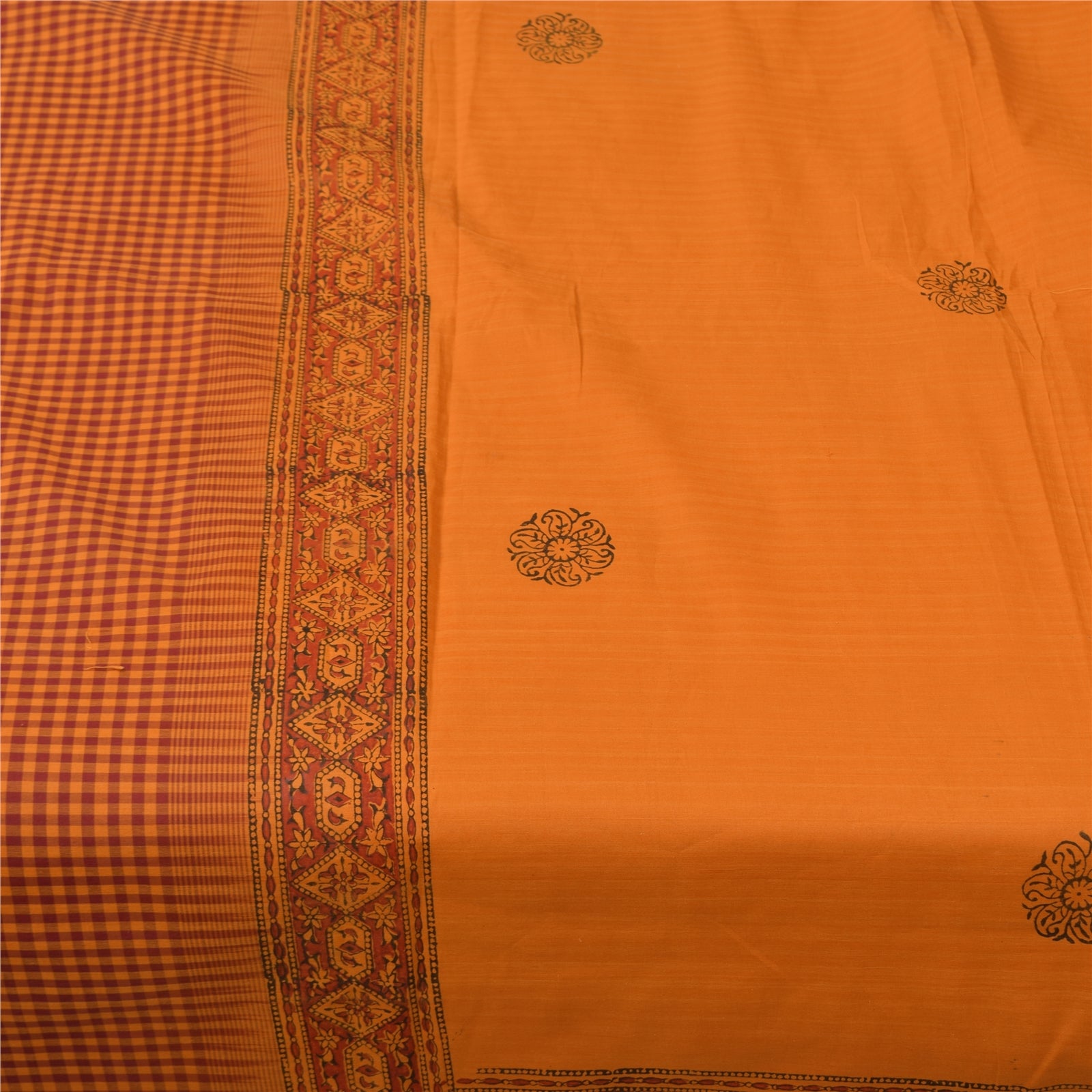 Sanskriti Vintage Sarees Saffron Hand Block Print Woven Pure Cotton Sari Sustainable Fabric