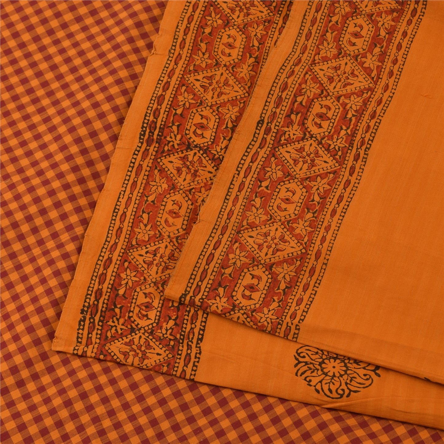 Sanskriti Vintage Sarees Saffron Hand Block Print Woven Pure Cotton Sari Sustainable Fabric