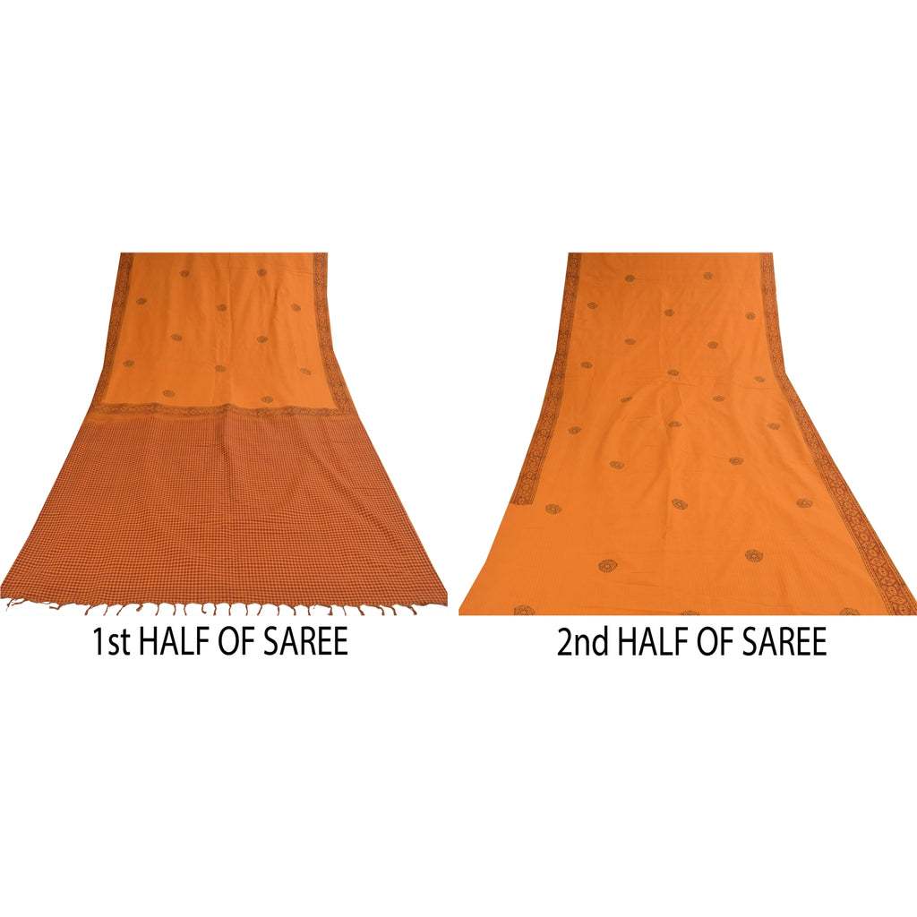 Sanskriti Vintage Sarees Saffron Hand Block Print Woven Pure Cotton Sari Sustainable Fabric