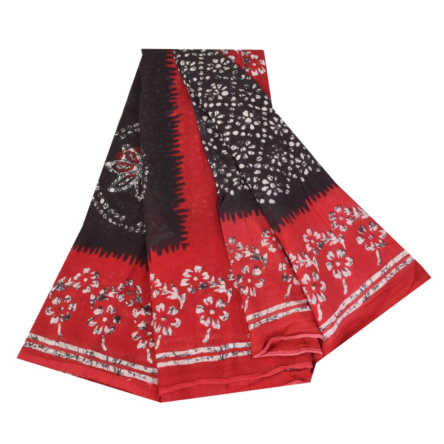 Sanskriti Vintage Sarees Black/Red Pure Cotton Batik Printed Sari 5+yd Sustainable Fabric