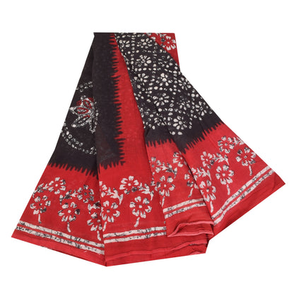 Sanskriti Vintage Sarees Black/Red Pure Cotton Batik Printed Sari 5+yd Sustainable Fabric