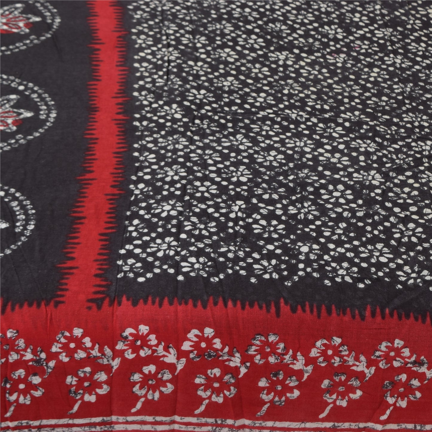 Sanskriti Vintage Sarees Black/Red Pure Cotton Batik Printed Sari 5+yd Sustainable Fabric