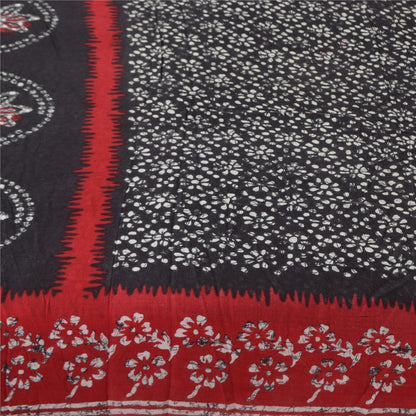 Sanskriti Vintage Sarees Black/Red Pure Cotton Batik Printed Sari 5+yd Sustainable Fabric