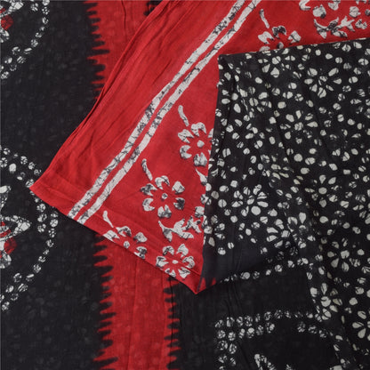 Sanskriti Vintage Sarees Black/Red Pure Cotton Batik Printed Sari 5+yd Sustainable Fabric
