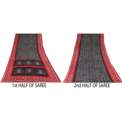 Sanskriti Vintage Sarees Black/Red Pure Cotton Batik Printed Sari 5+yd Sustainable Fabric