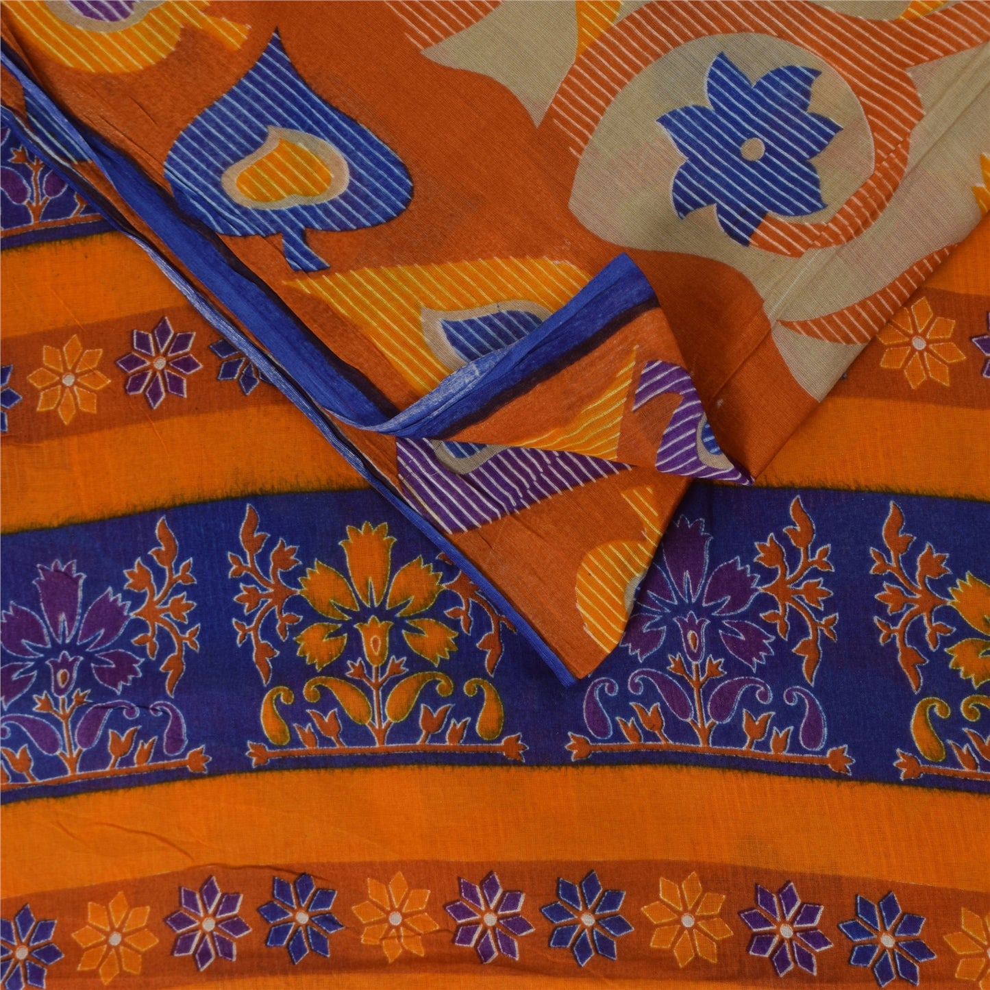 Sanskriti Vintage Sarees Indian Cream Pure Cotton Printed Sari 5+yd Craft Sustainable Fabric