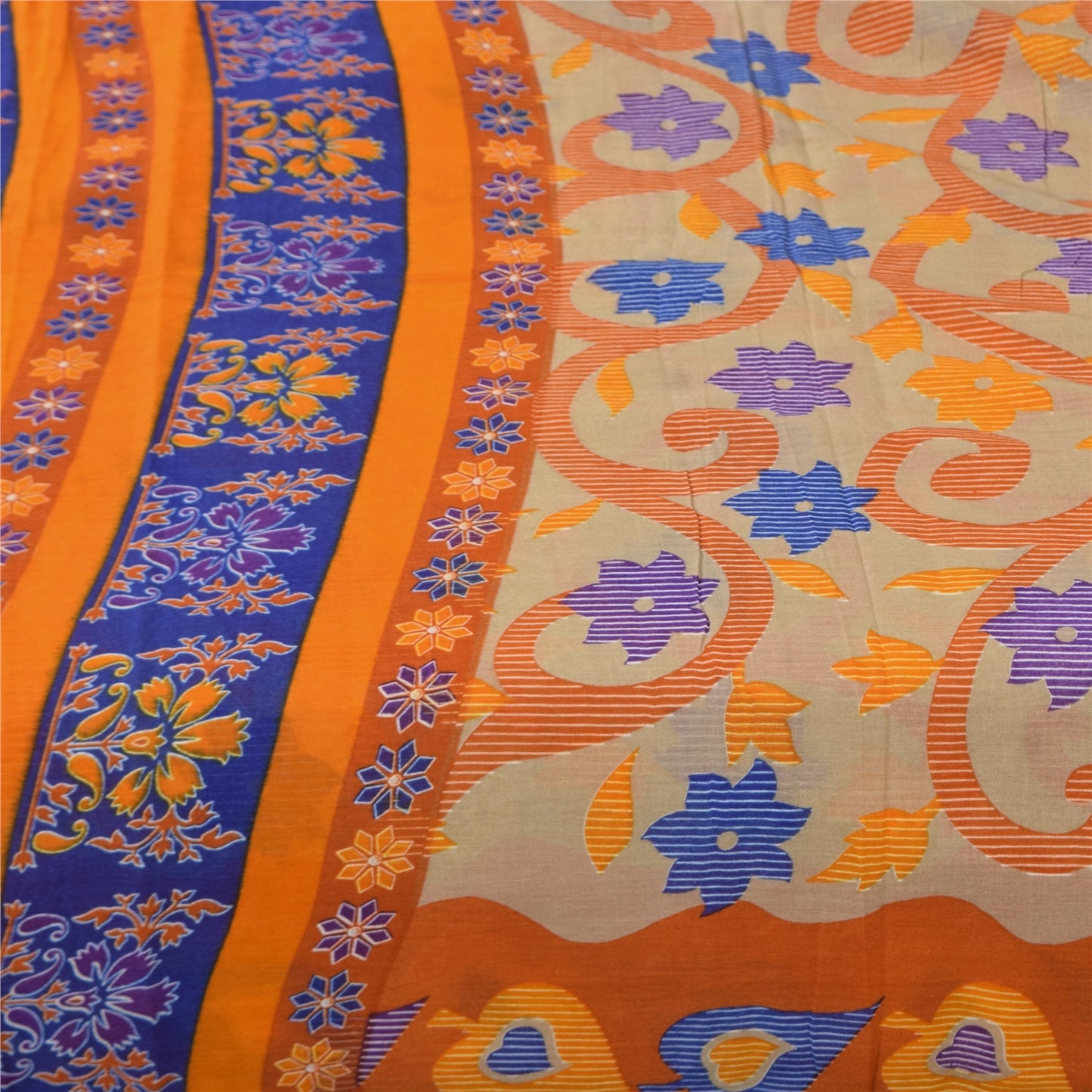 Sanskriti Vintage Sarees Indian Cream Pure Cotton Printed Sari 5+yd Craft Sustainable Fabric