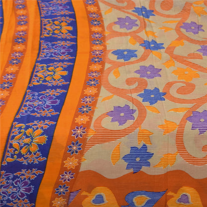 Sanskriti Vintage Sarees Indian Cream Pure Cotton Printed Sari 5+yd Craft Sustainable Fabric