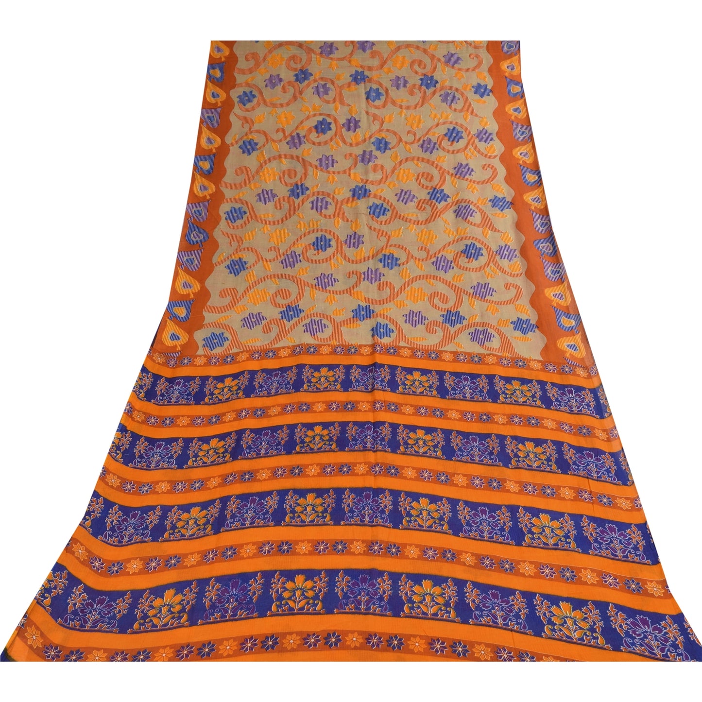 Sanskriti Vintage Sarees Indian Cream Pure Cotton Printed Sari 5+yd Craft Sustainable Fabric