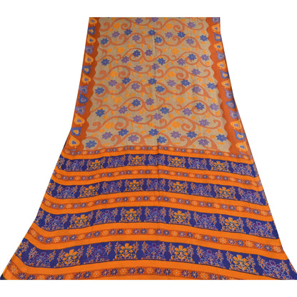 Sanskriti Vintage Sarees Indian Cream Pure Cotton Printed Sari 5+yd Craft Sustainable Fabric