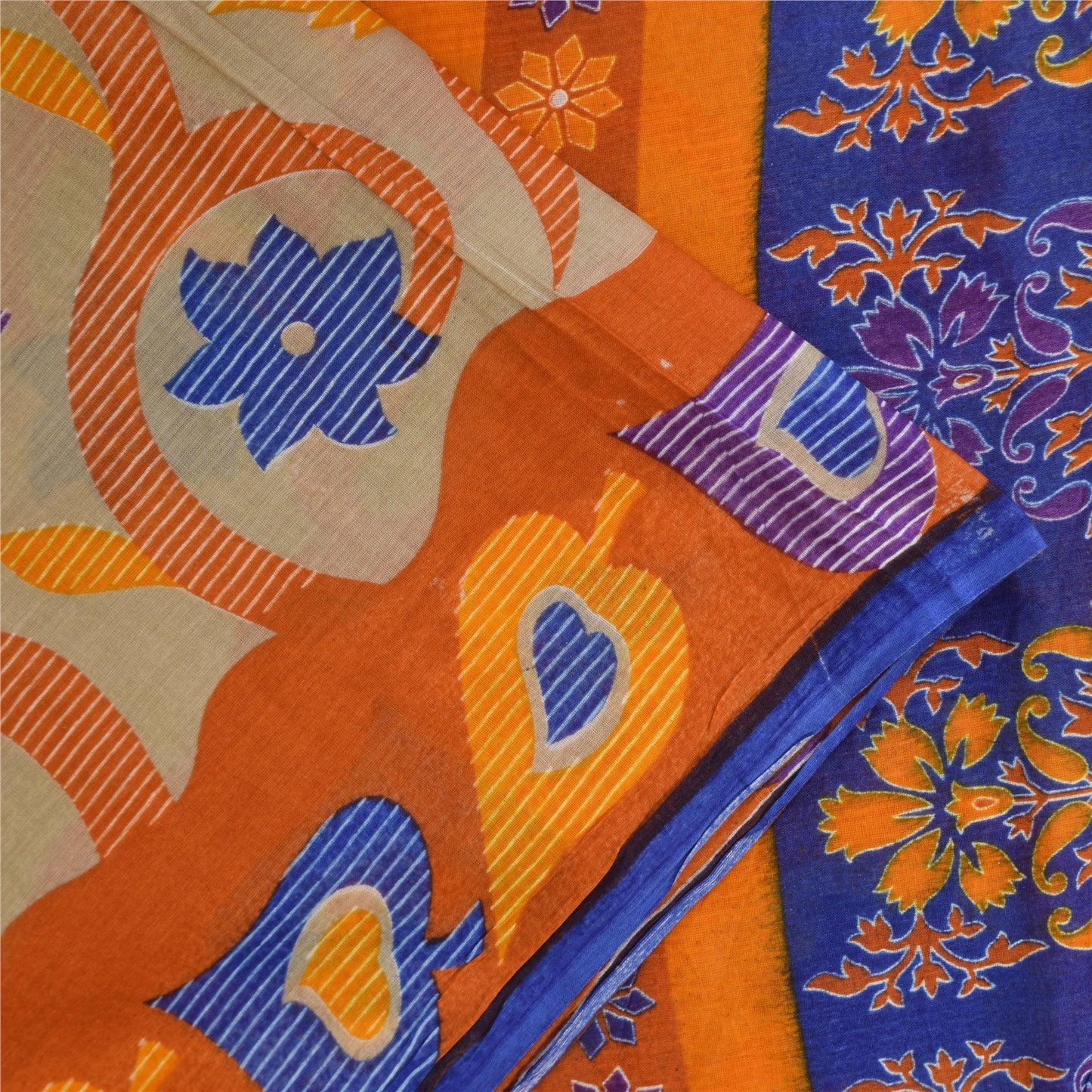 Sanskriti Vintage Sarees Indian Cream Pure Cotton Printed Sari 5+yd Craft Sustainable Fabric