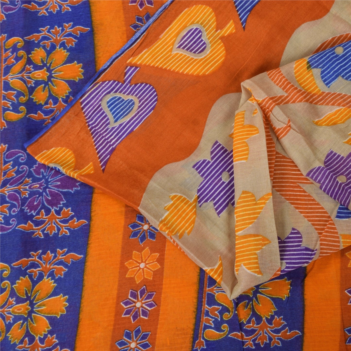 Sanskriti Vintage Sarees Indian Cream Pure Cotton Printed Sari 5+yd Craft Sustainable Fabric