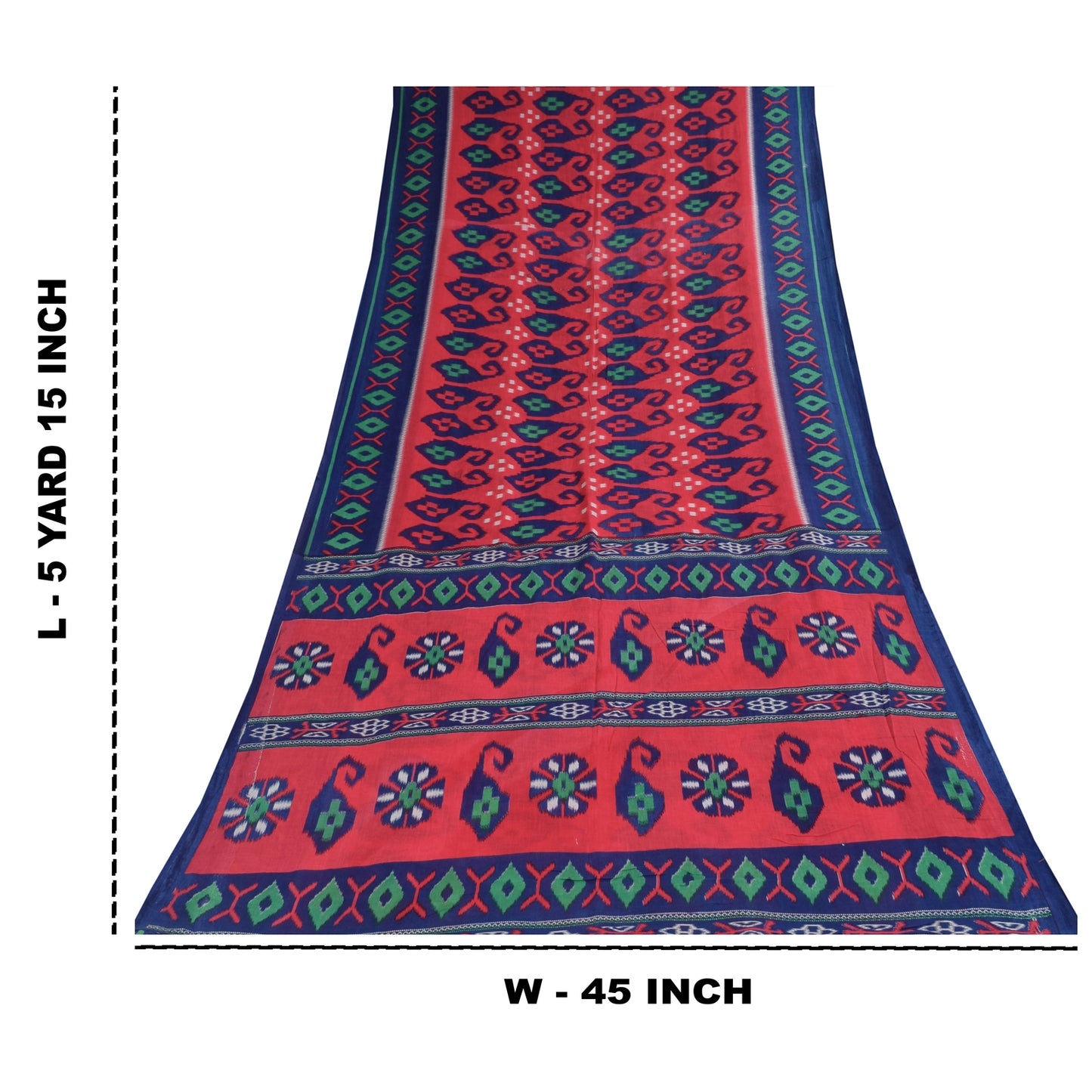 Sanskriti Vintage Sarees Red/Blue Pure Cotton Ikat Print Sari 5+yd Craft Sustainable Fabric