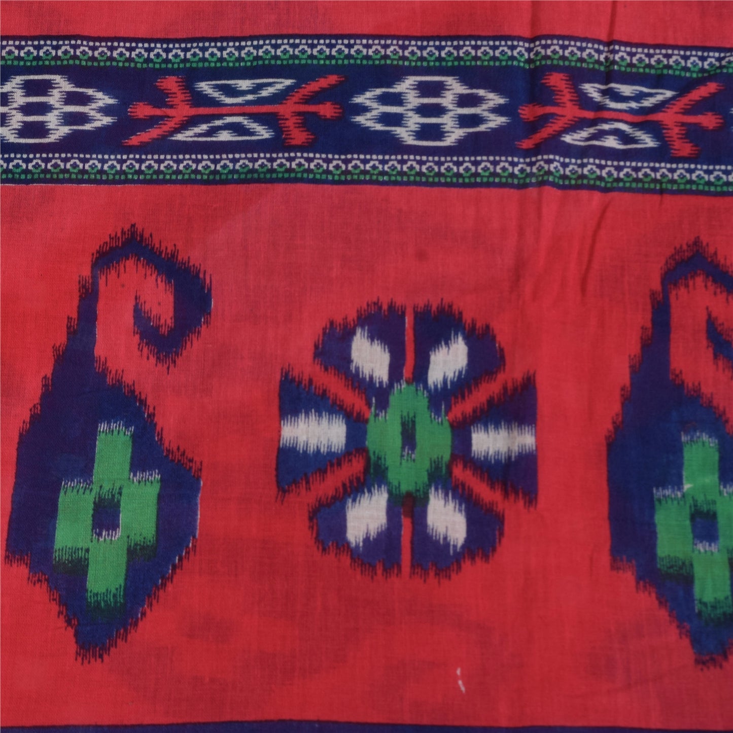 Sanskriti Vintage Sarees Red/Blue Pure Cotton Ikat Print Sari 5+yd Craft Sustainable Fabric