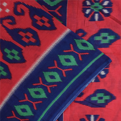 Sanskriti Vintage Sarees Red/Blue Pure Cotton Ikat Print Sari 5+yd Craft Sustainable Fabric