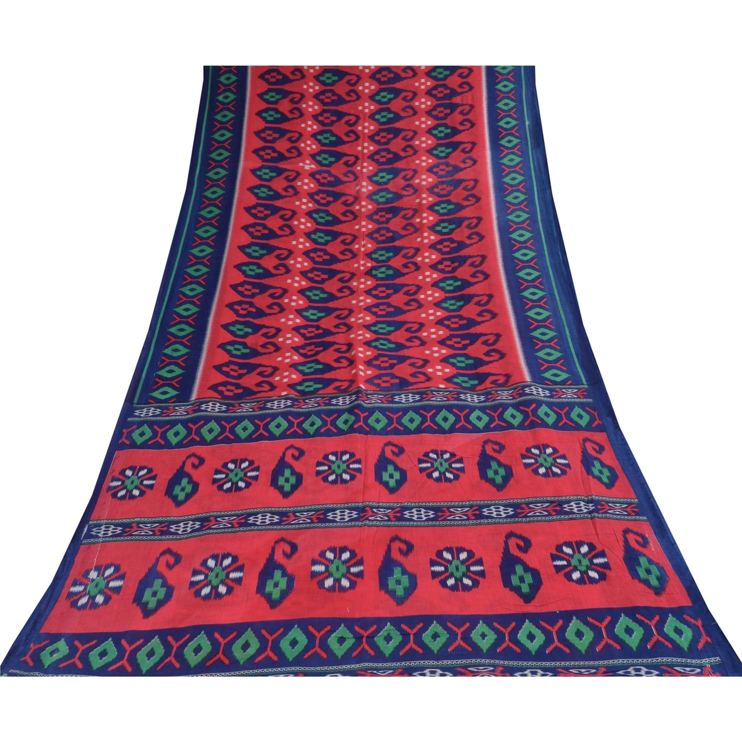 Sanskriti Vintage Sarees Red/Blue Pure Cotton Ikat Print Sari 5+yd Craft Sustainable Fabric