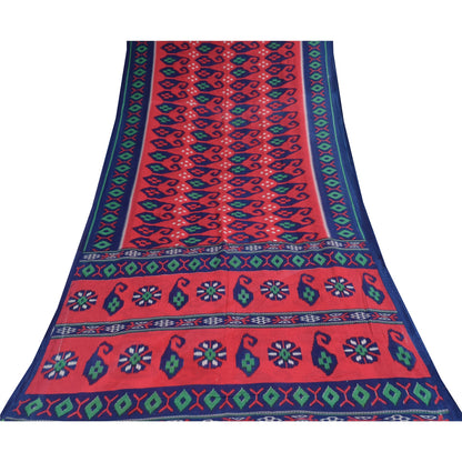 Sanskriti Vintage Sarees Red/Blue Pure Cotton Ikat Print Sari 5+yd Craft Sustainable Fabric