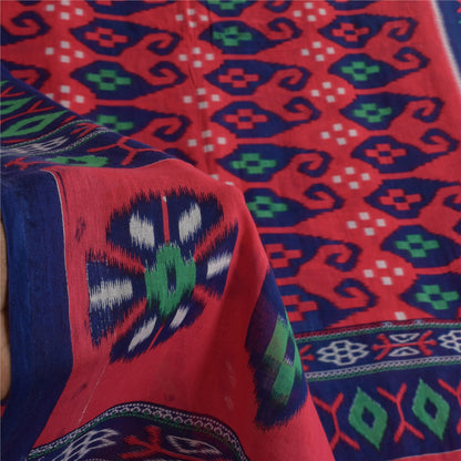 Sanskriti Vintage Sarees Red/Blue Pure Cotton Ikat Print Sari 5+yd Craft Sustainable Fabric