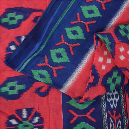 Sanskriti Vintage Sarees Red/Blue Pure Cotton Ikat Print Sari 5+yd Craft Sustainable Fabric