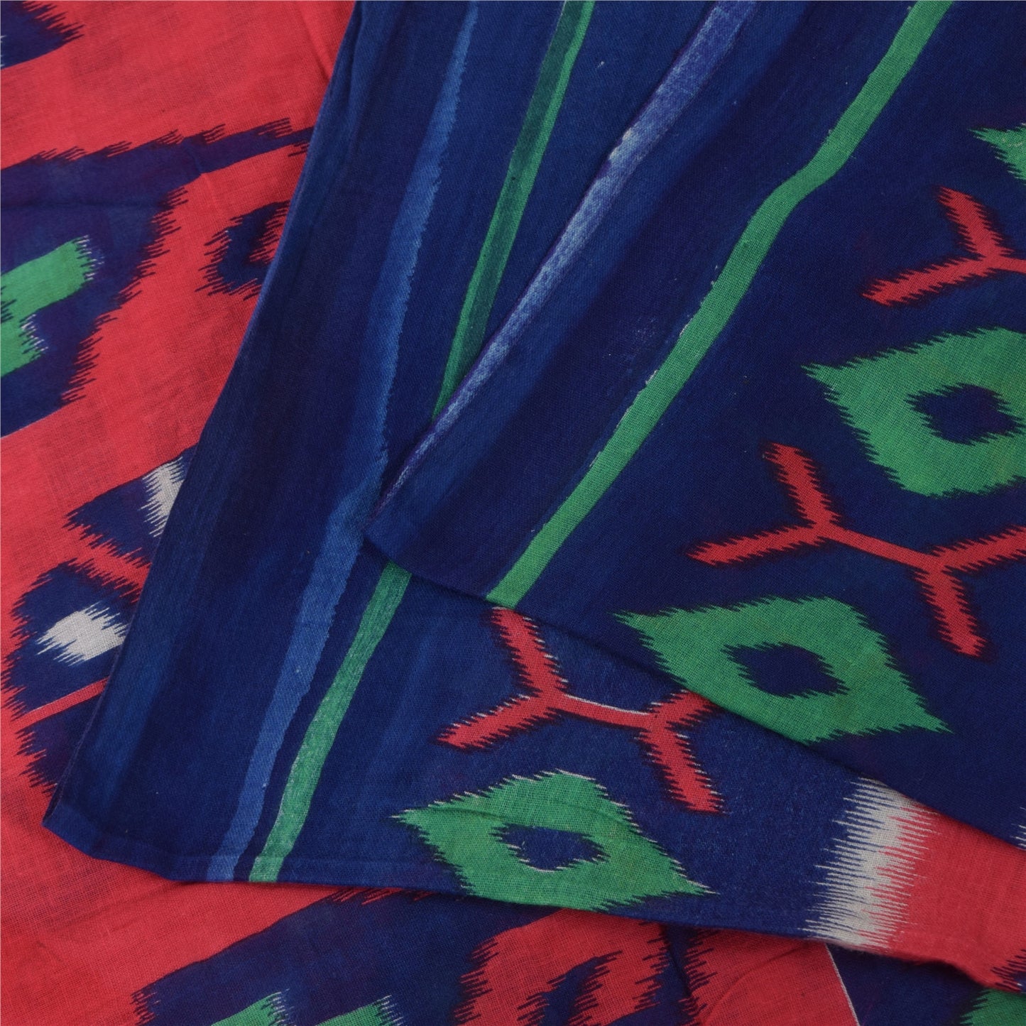 Sanskriti Vintage Sarees Red/Blue Pure Cotton Ikat Print Sari 5+yd Craft Sustainable Fabric