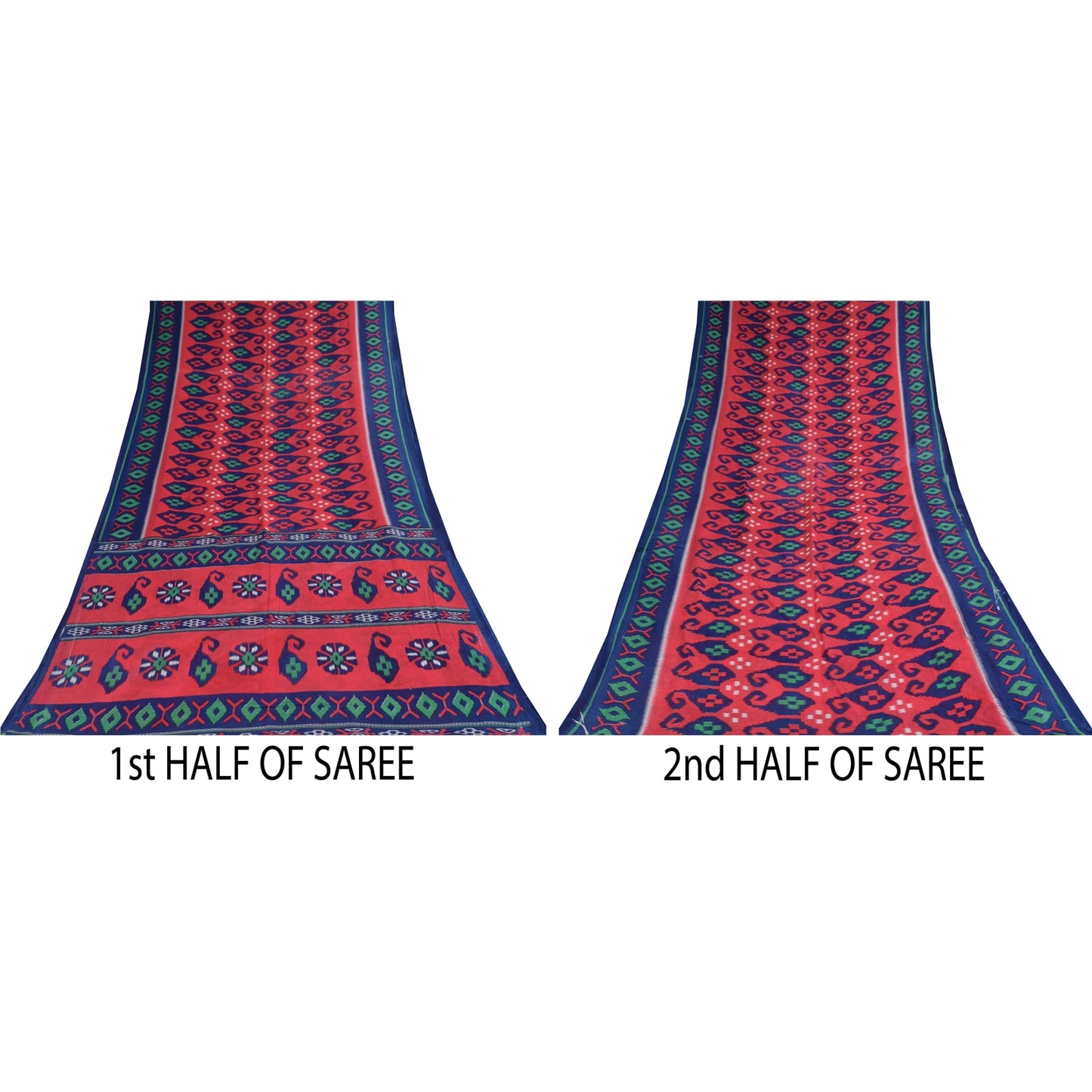 Sanskriti Vintage Sarees Red/Blue Pure Cotton Ikat Print Sari 5+yd Craft Sustainable Fabric
