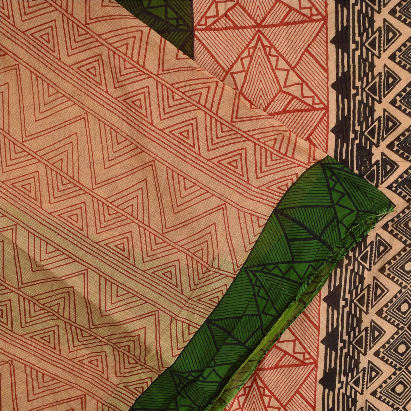 Sanskriti Vintage Sarees Peach/Red Pure Cotton Printed Sari 5+yd Craft Sustainable Fabric