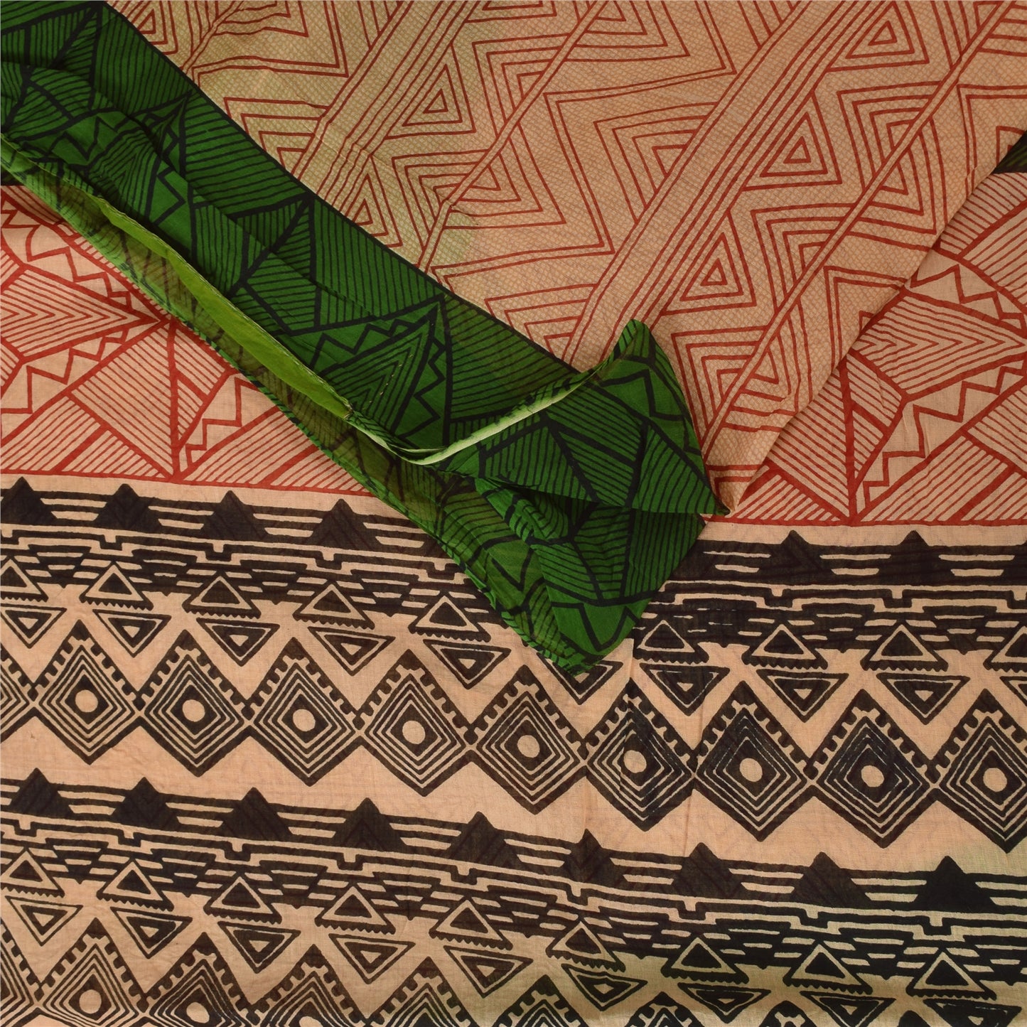 Sanskriti Vintage Sarees Peach/Red Pure Cotton Printed Sari 5+yd Craft Sustainable Fabric