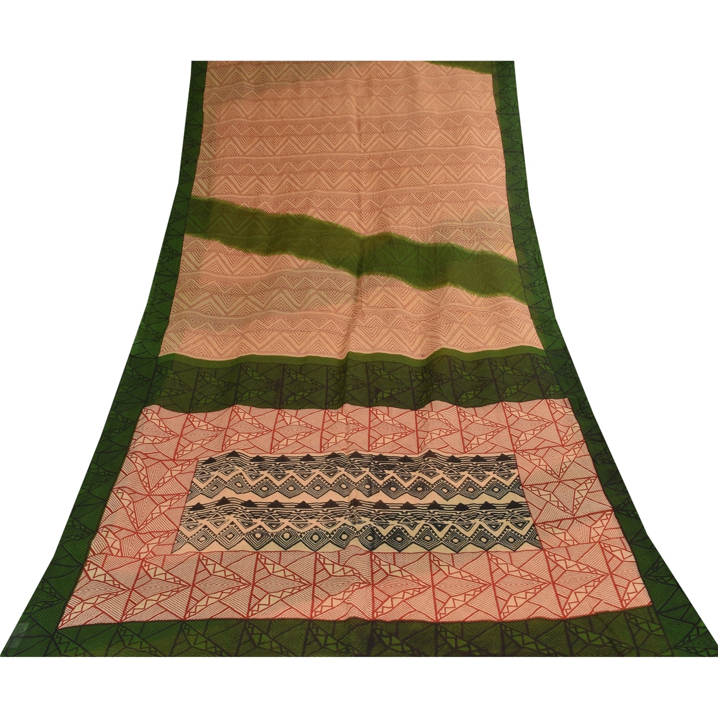 Sanskriti Vintage Sarees Peach/Red Pure Cotton Printed Sari 5+yd Craft Sustainable Fabric
