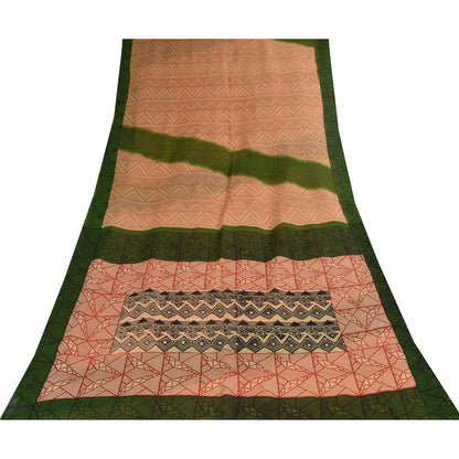 Sanskriti Vintage Sarees Peach/Red Pure Cotton Printed Sari 5+yd Craft Sustainable Fabric