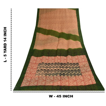 Sanskriti Vintage Sarees Peach/Red Pure Cotton Printed Sari 5+yd Craft Sustainable Fabric