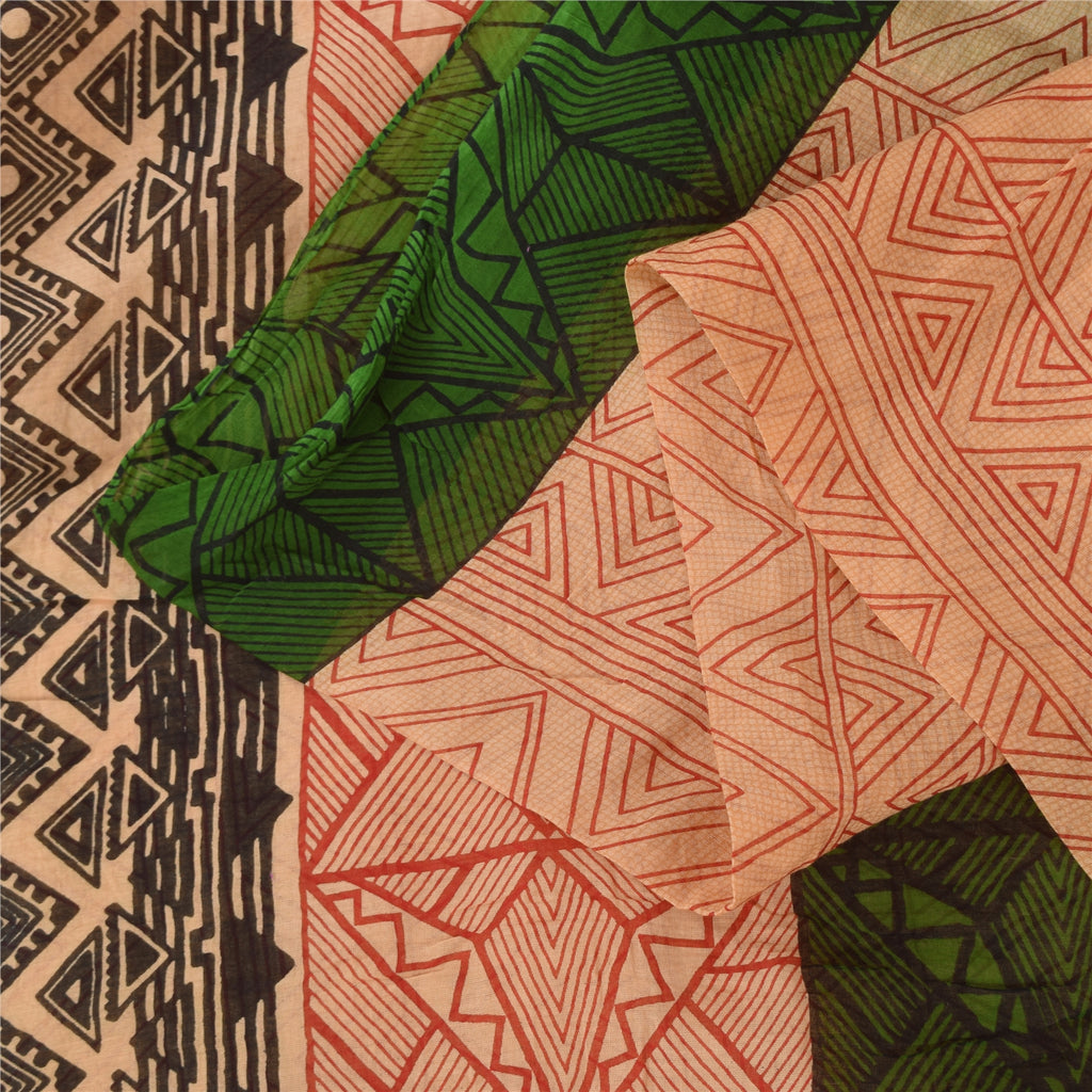 Sanskriti Vintage Sarees Peach/Red Pure Cotton Printed Sari 5+yd Craft Sustainable Fabric