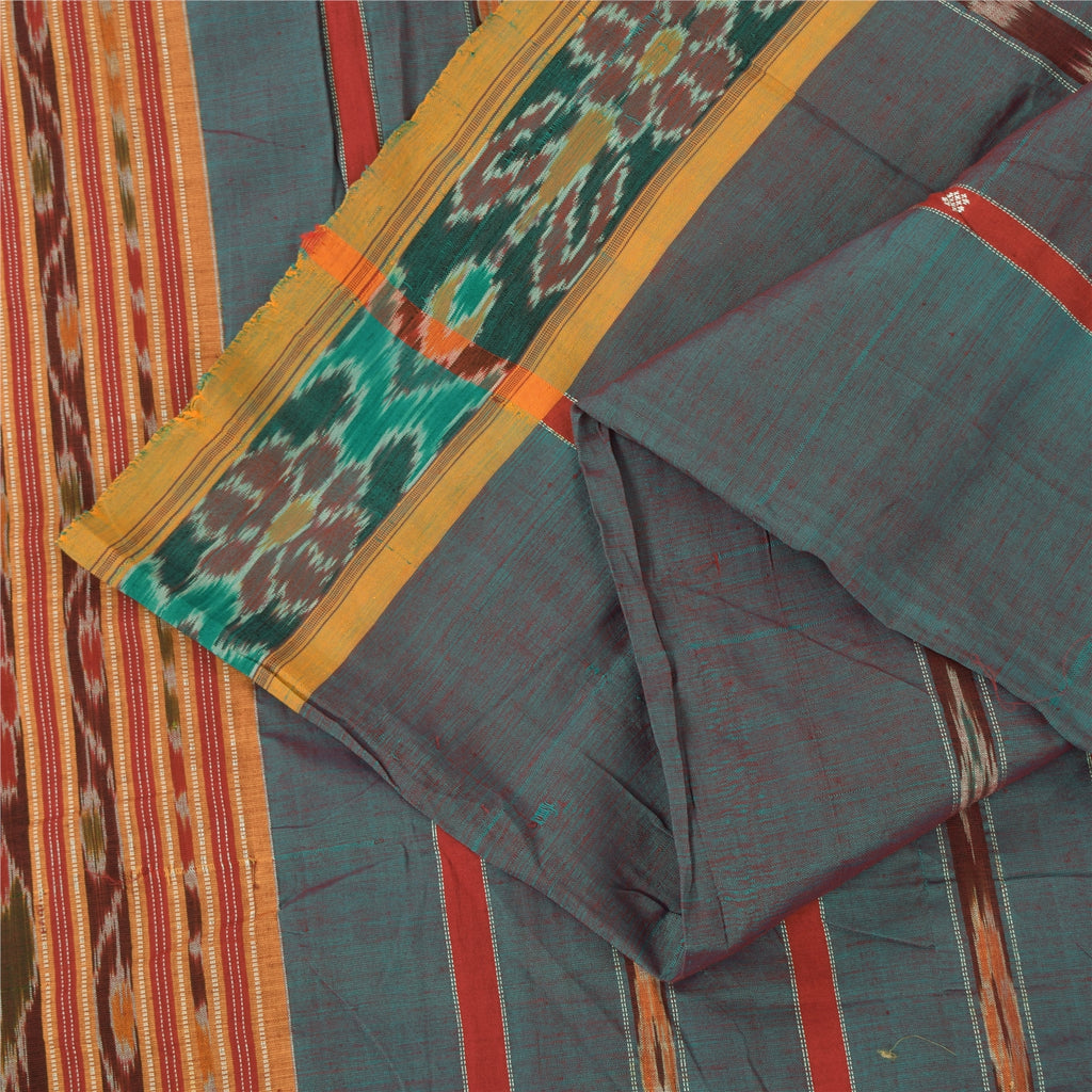 Sanskriti Vintage Sarees Ikat Handwoven Odisha 100% Pure Cotton Sari 5+yd Sustainable Fabric