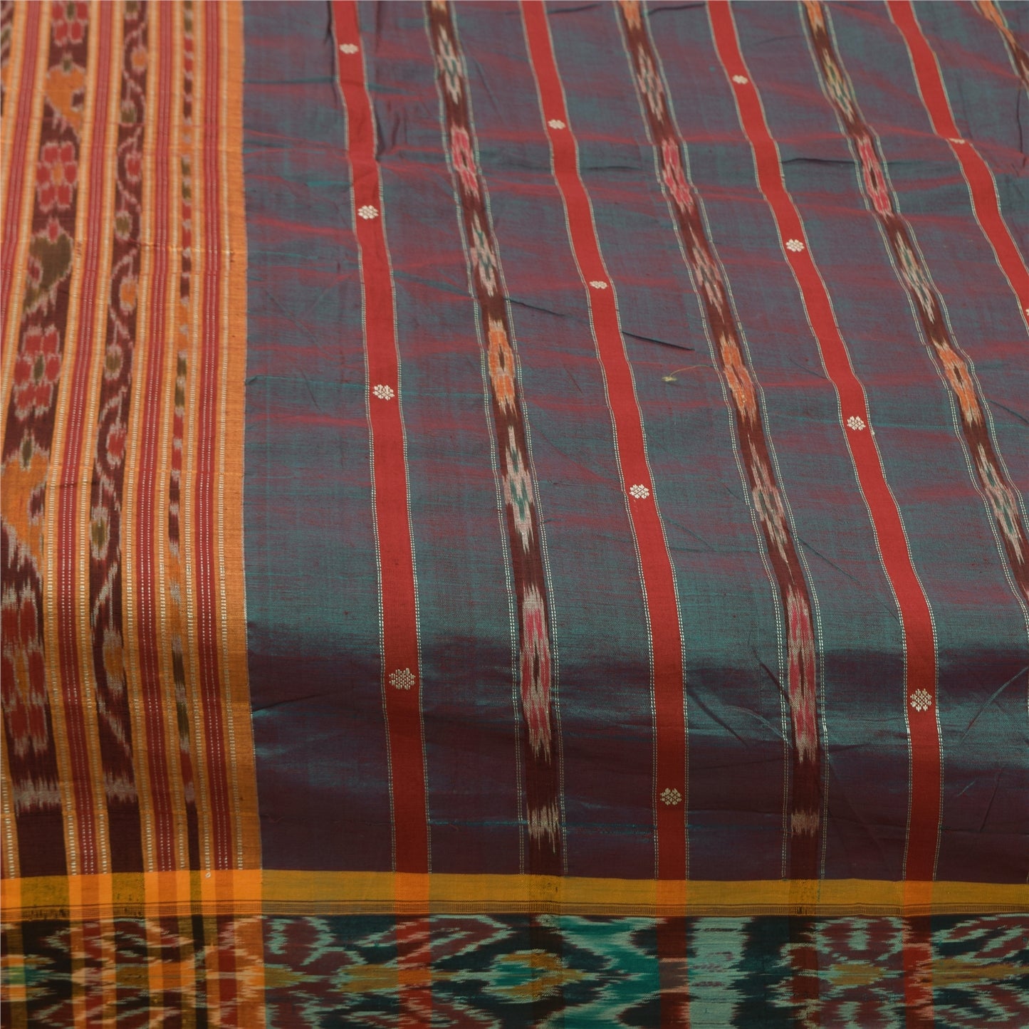 Sanskriti Vintage Sarees Ikat Handwoven Odisha 100% Pure Cotton Sari 5+yd Sustainable Fabric