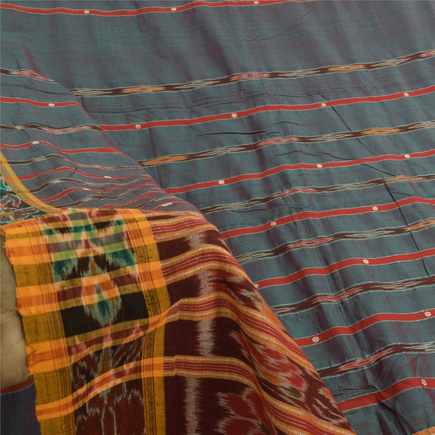 Sanskriti Vintage Sarees Ikat Handwoven Odisha 100% Pure Cotton Sari 5+yd Sustainable Fabric