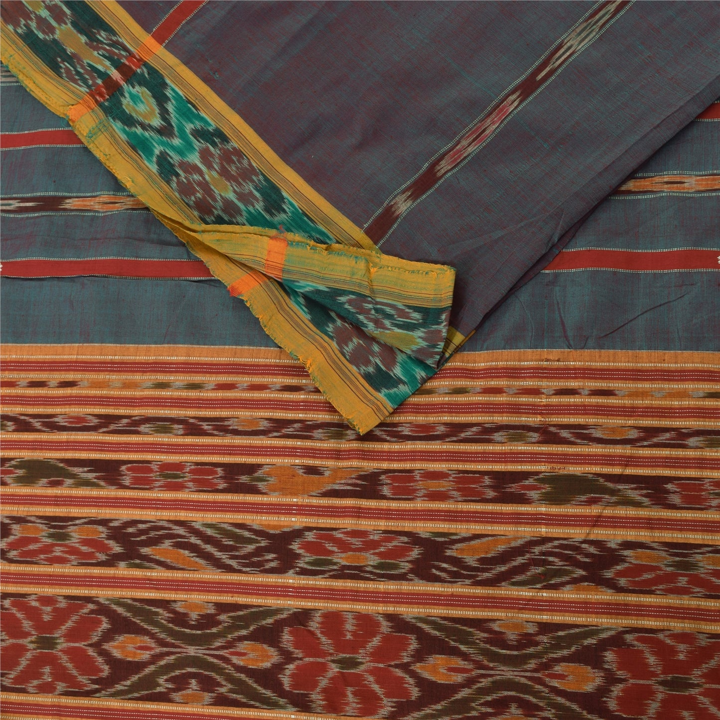 Sanskriti Vintage Sarees Ikat Handwoven Odisha 100% Pure Cotton Sari 5+yd Sustainable Fabric