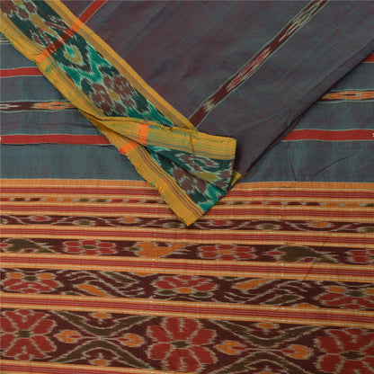 Sanskriti Vintage Sarees Ikat Handwoven Odisha 100% Pure Cotton Sari 5+yd Sustainable Fabric