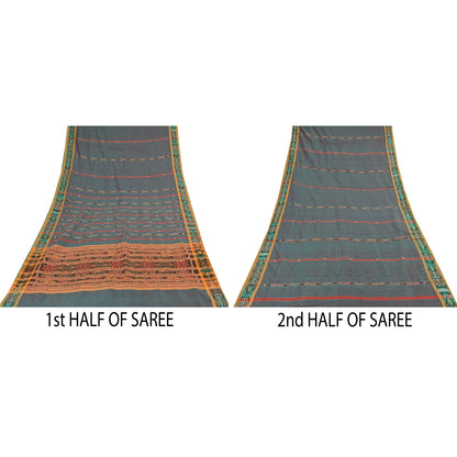 Sanskriti Vintage Sarees Ikat Handwoven Odisha 100% Pure Cotton Sari 5+yd Sustainable Fabric