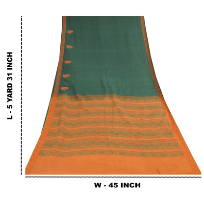 Sanskriti Vintage Sarees Green Peacock Woven Pure Cotton Sari 5+yd Craft Sustainable Fabric