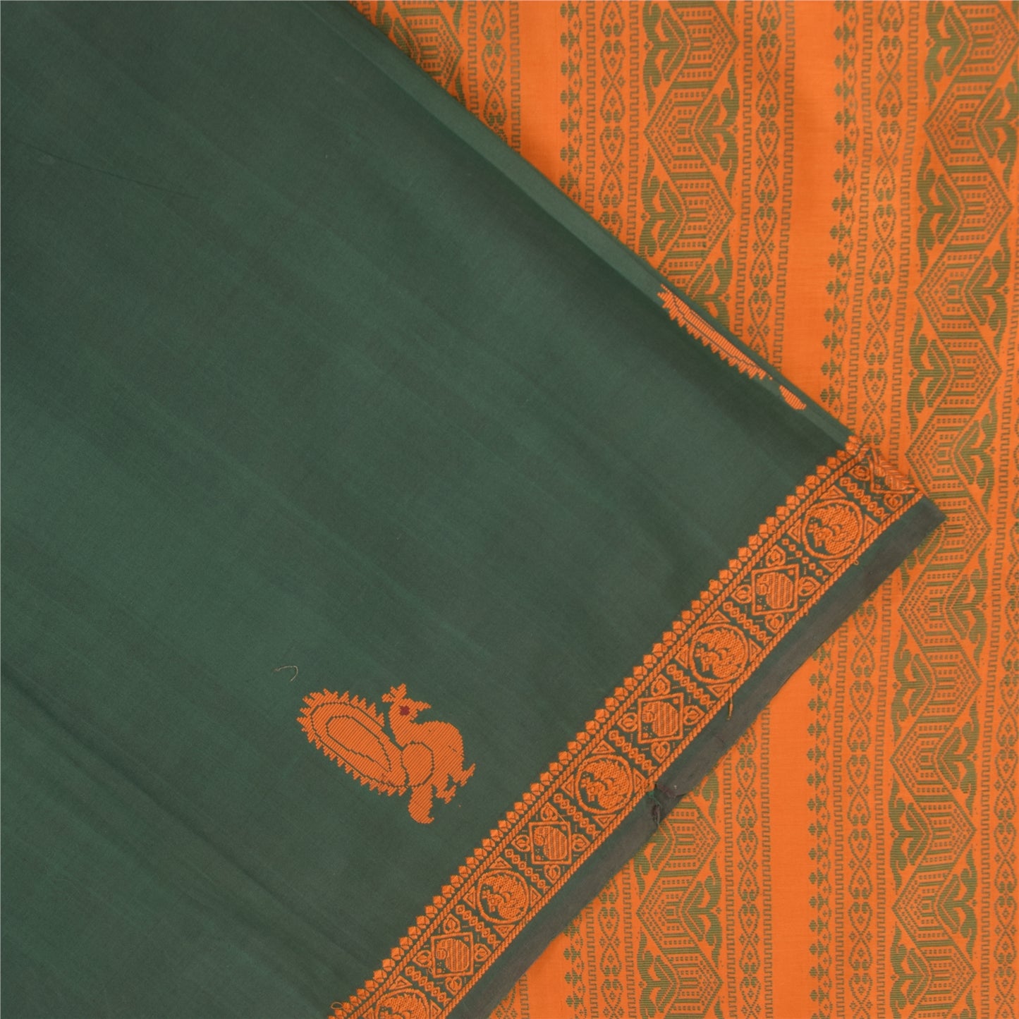 Sanskriti Vintage Sarees Green Peacock Woven Pure Cotton Sari 5+yd Craft Sustainable Fabric
