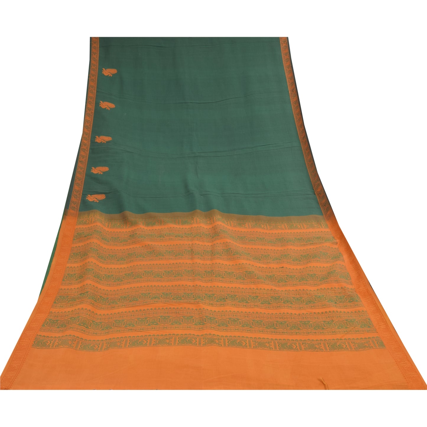 Sanskriti Vintage Sarees Green Peacock Woven Pure Cotton Sari 5+yd Craft Sustainable Fabric