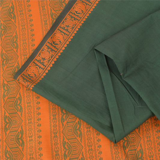 Sanskriti Vintage Sarees Green Peacock Woven Pure Cotton Sari 5+yd Craft Sustainable Fabric