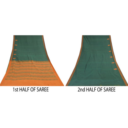 Sanskriti Vintage Sarees Green Peacock Woven Pure Cotton Sari 5+yd Craft Sustainable Fabric