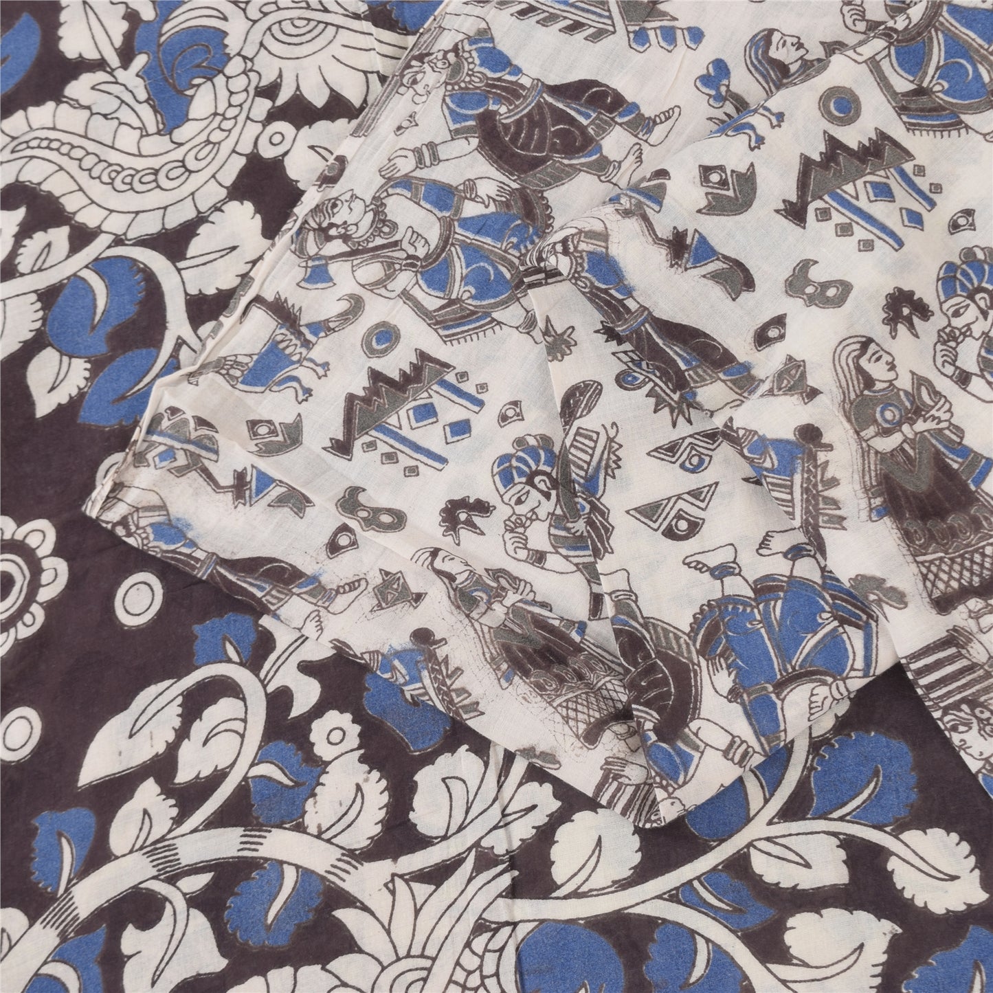 Sanskriti Vintage Sarees White Handmade Kalamkari Pure Cotton Sari 5+yd Sustainable Fabric