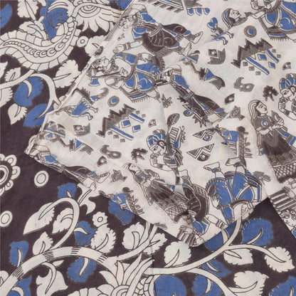 Sanskriti Vintage Sarees White Handmade Kalamkari Pure Cotton Sari 5+yd Sustainable Fabric