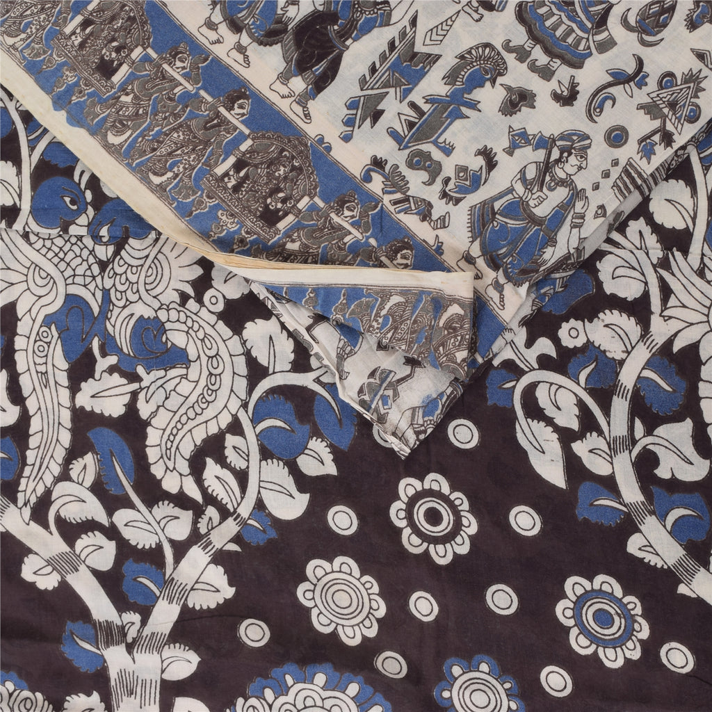 Sanskriti Vintage Sarees White Handmade Kalamkari Pure Cotton Sari 5+yd Sustainable Fabric