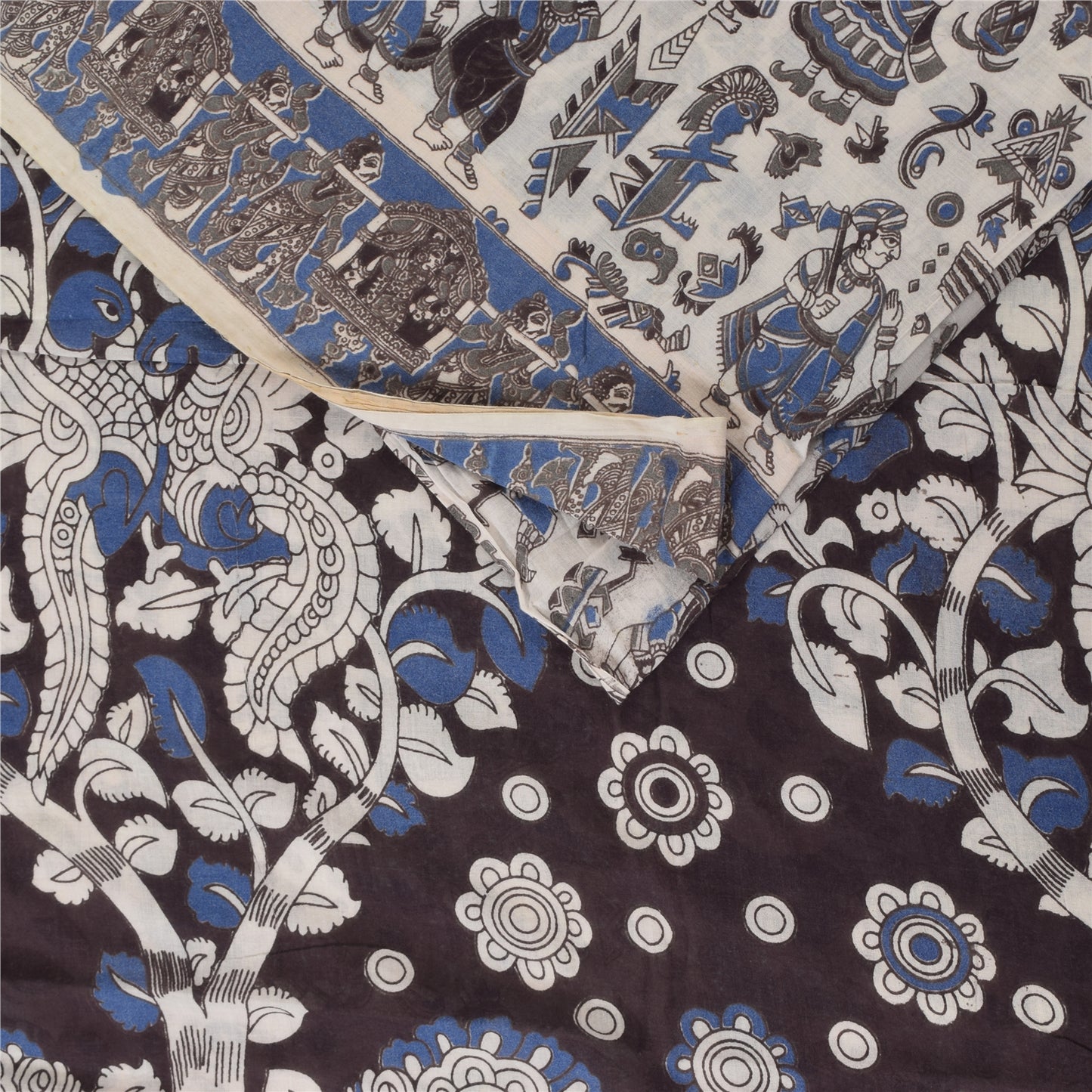 Sanskriti Vintage Sarees White Handmade Kalamkari Pure Cotton Sari 5+yd Sustainable Fabric