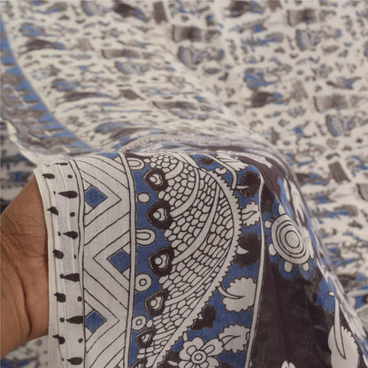 Sanskriti Vintage Sarees White Handmade Kalamkari Pure Cotton Sari 5+yd Sustainable Fabric