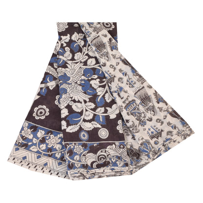 Sanskriti Vintage Sarees White Handmade Kalamkari Pure Cotton Sari 5+yd Sustainable Fabric