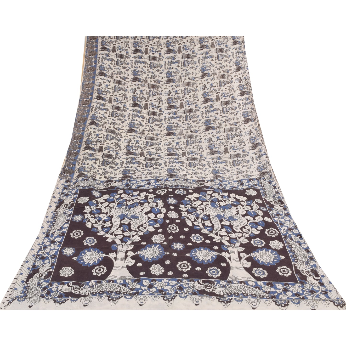 Sanskriti Vintage Sarees White Handmade Kalamkari Pure Cotton Sari 5+yd Sustainable Fabric