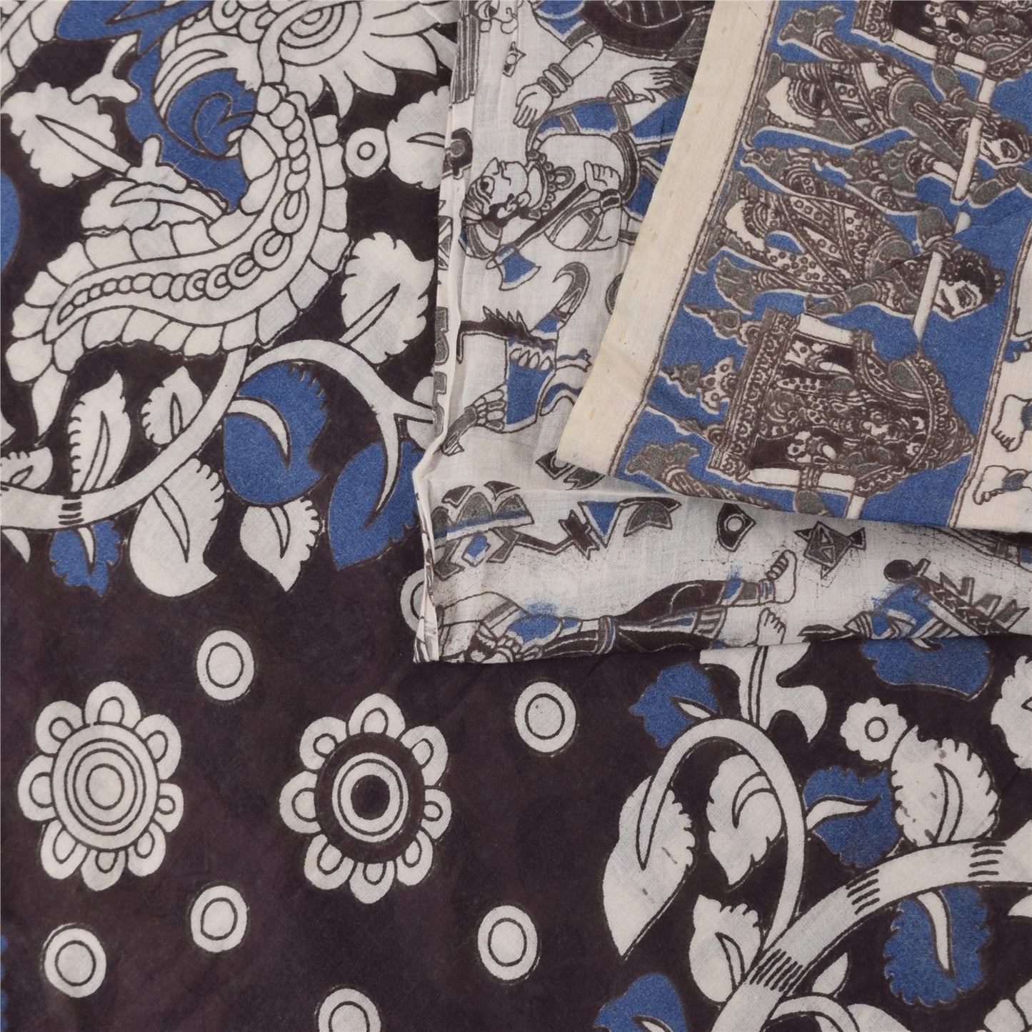 Sanskriti Vintage Sarees White Handmade Kalamkari Pure Cotton Sari 5+yd Sustainable Fabric